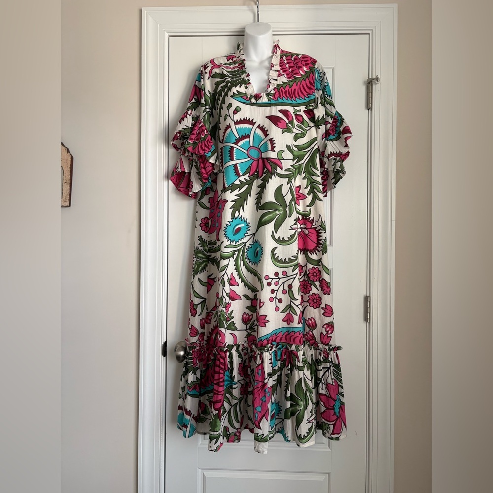 NWT fitzroy & willa Ruffle Midi Dress in White with Pink & Teal